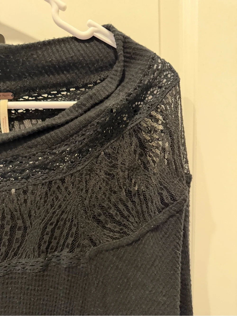 Free People Black Lace Yoke Long Sleeve Tee